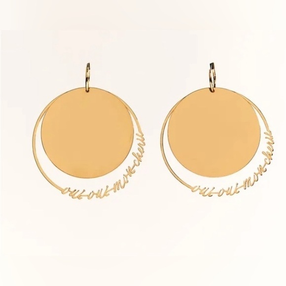 - NWT. Zara Golden Round Flat Metal Earrings with Text Detail. - Picture 1 of 6